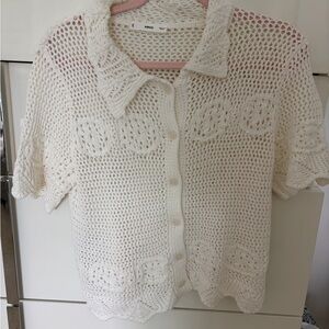 Mango Women's White Crochet Button Down Shirt